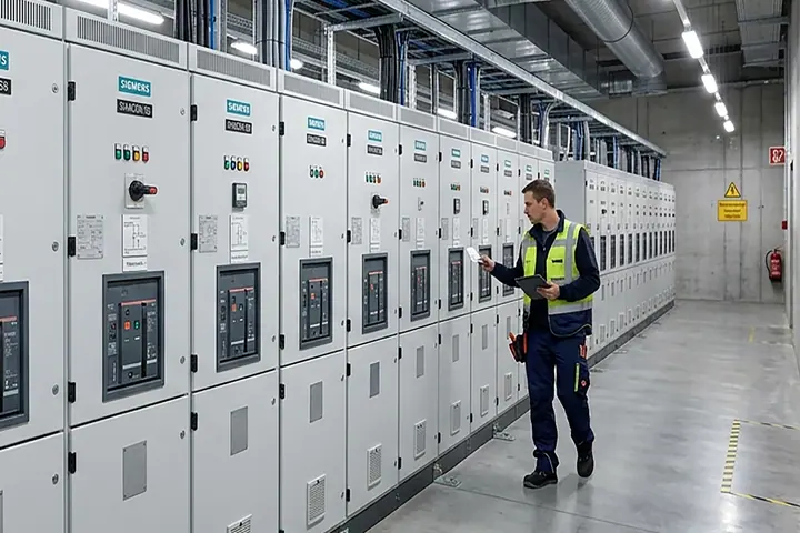 Mitarbeiter bei der technischen Prüfung an einer Schaltanlage